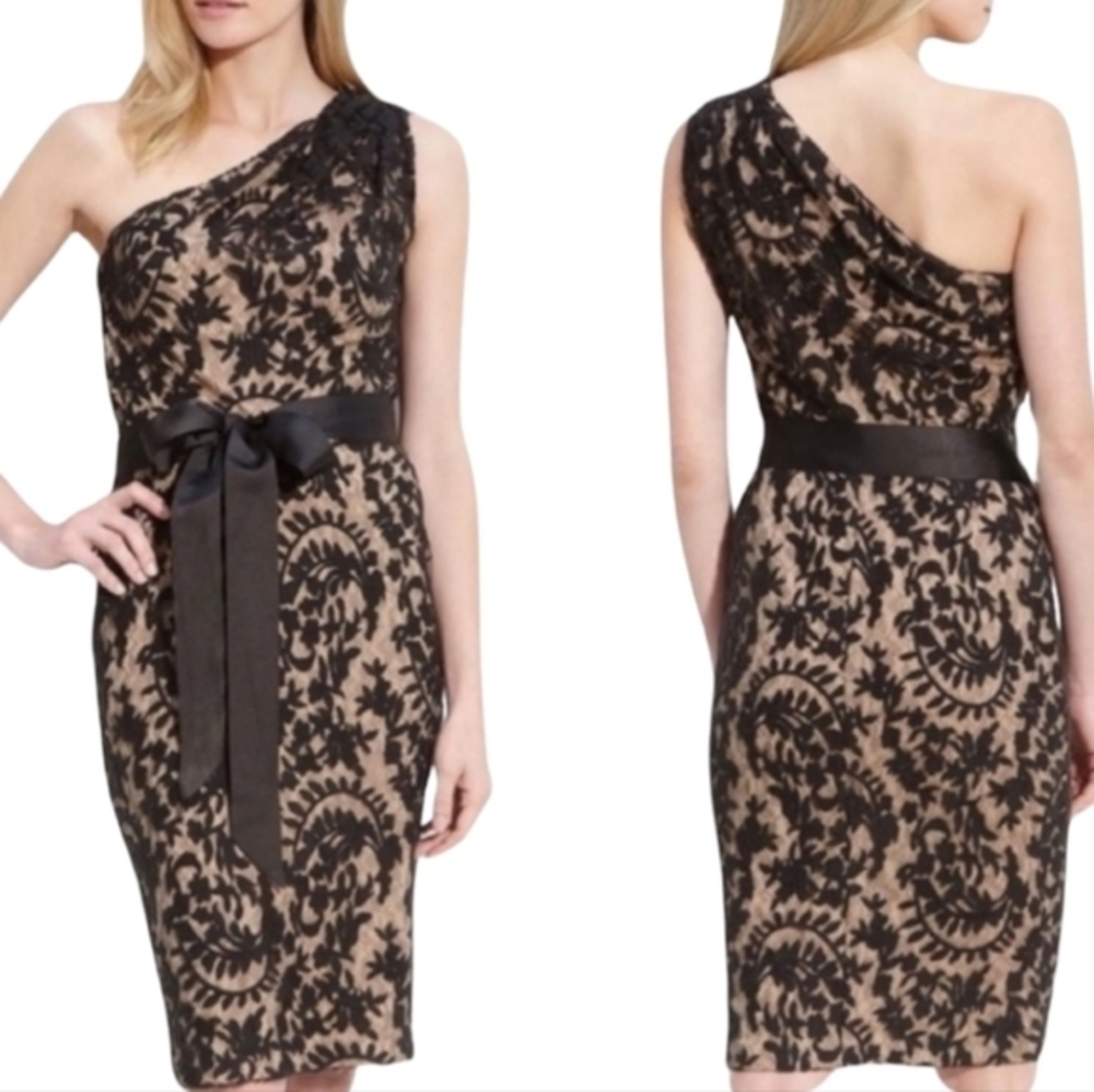 Tadashi Shoji One shoulder lace overlay Black Belted cocktail Party Dress Size 2